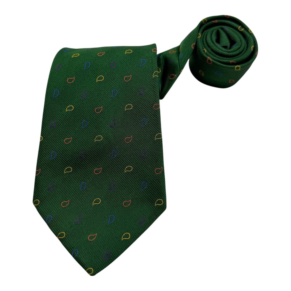 Turnbull & Asser Mens Silk Tie Green Multicolor Paisley Hand Made England 3.75in
